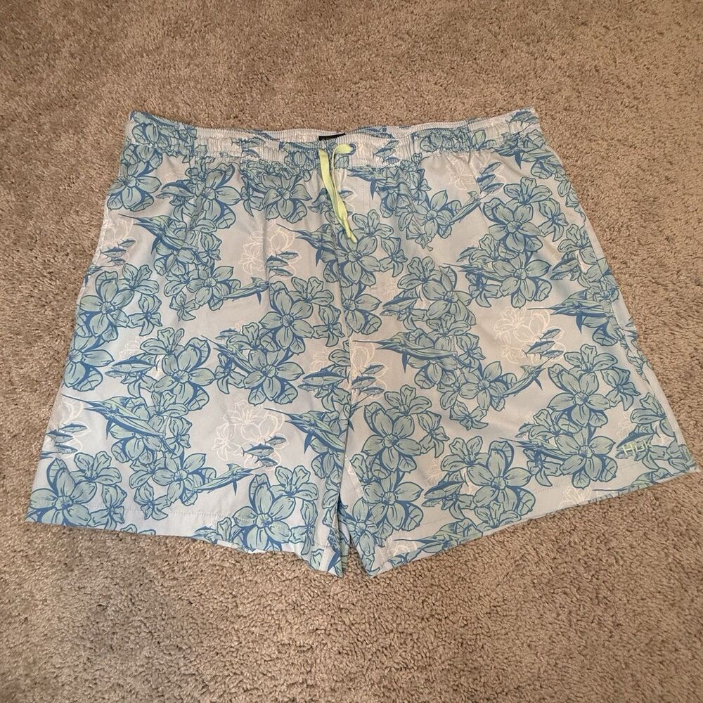Huk Swim Trunks Shorts Mens XXL Blue Floral Mesh Lined Drawstring Pockets